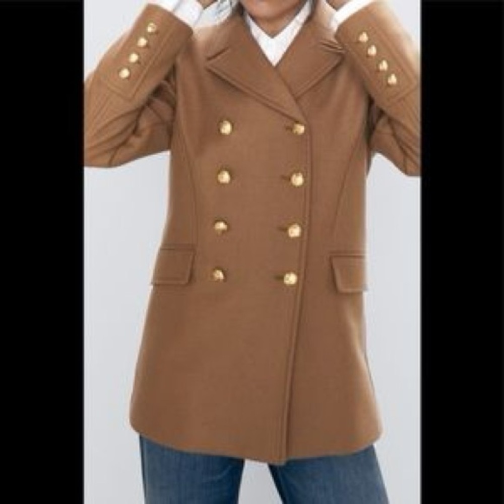 ZARA Double-Breasted Tan Coat with Gold Buttons
